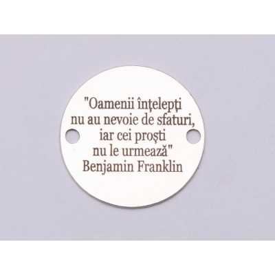 E0704-GS- Link banut argint 925 gravat cu citat Benjamin Franklin 16.5mm diametru 0.33mm grosime