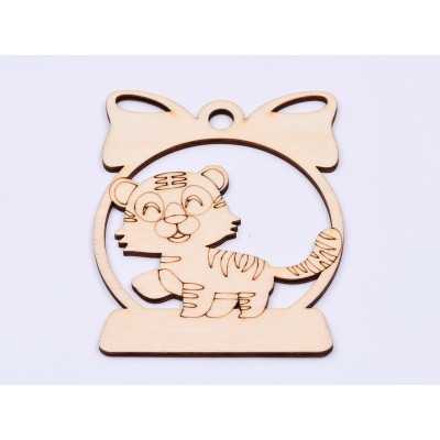 L948- Glob din lemn, Happy tiger 12x10 cm - 1 buc