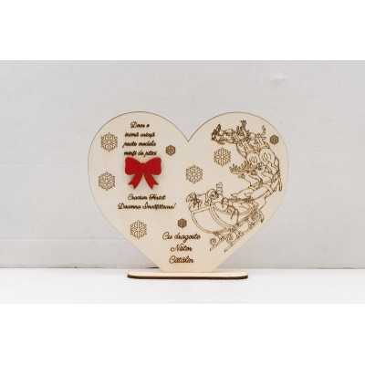 L981 -Decoratiune lemn "Inima cu suport si fundita rosie" 15x13 cm -1 bucata