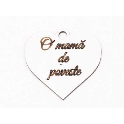 L1089-Decupaj inima MDF alb "O mama de poveste", 5x5cm - 1 buc