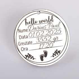 Pandant argint pentru botez Hello World cu datele de nastere