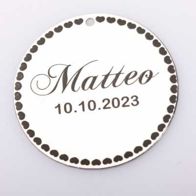 S0028-G Pandant argint pentru botez cu inimioare si datele de nastere 22mm