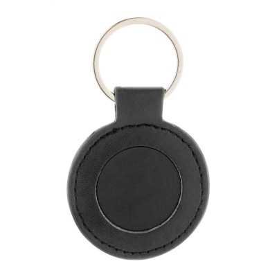 Breloc piele ecologica neagra si suprafata de inox cauciucata personalizabila