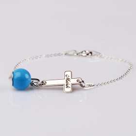 Bratara cu perla albastra si cruciulita gravata din argint 925