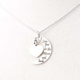 Colier cu inima si luna din argint - "I love you to the moon and back"