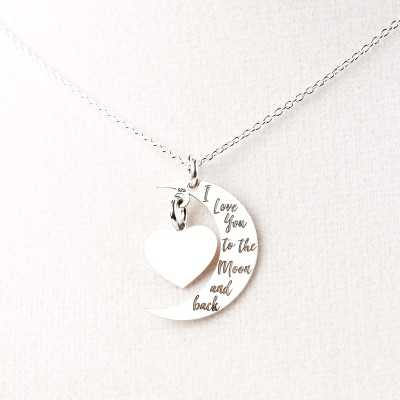 Colier cu inima si luna din argint - "I love you to the moon and back"