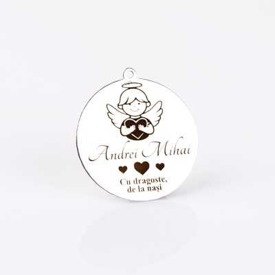 S183 - Pandant banut din argint 22mm pentru botez - Ingeras si inimi- 1 buc - bijuterii personalizate din argint | simoshop
