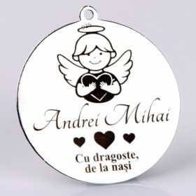 S183 - Pandant banut din argint 22mm pentru botez - Ingeras si inimi- 1 buc