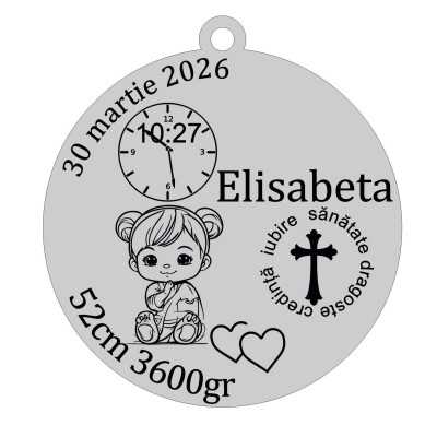 S203 Pandant din argint cu datele de nastere si bebe 22mm- 1 buc