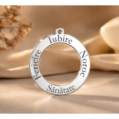 Banut tip cerc din argint pentru botez Iubire Noroc Sanatate Fericire