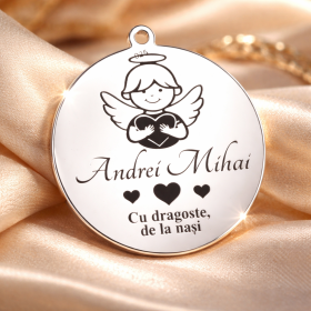 S183 - Pandant banut din argint 22mm pentru botez - Ingeras si inimi- 1 buc