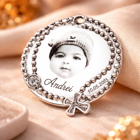 S164-G Pandant de 22mm din argint pentru botez - Rozariu cu fotogravură