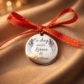 Banut de botez 22mm personalizabil cu za si panglica "Cu drag, nasii