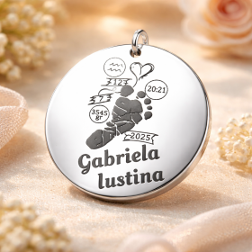 Pandant argint pentru botez talpita si datele de nastere 22mm