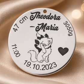 Pandant banut din argint pentru botez cu date de nastere "Pisicile aristocrate"