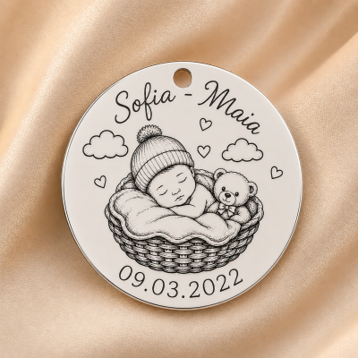 S209 - Pandant banut din argint pentru botez de 22mm personalizabil model bebe in cosulet