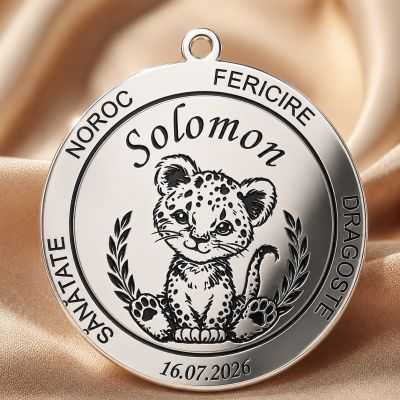 Banut de Mot din Argint 925 Personalizat cu Pui de Leopard, Nume si Data 22 mm S0282