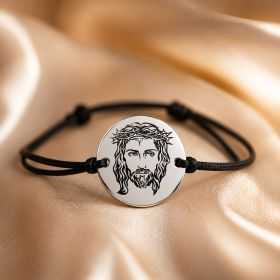 Bratara Iisus Hristos cu Coroana de Spini - banut 16.5mm argint 925 si snur negru reglabil S0283