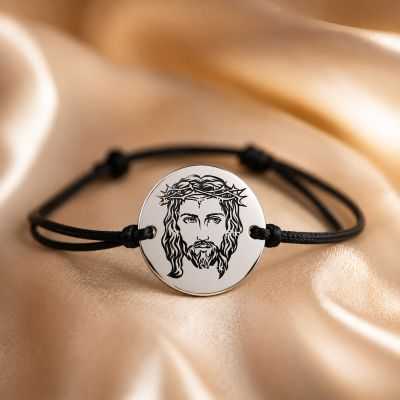 Bratara Iisus Hristos cu Coroana de Spini - banut 16.5mm argint 925 si snur negru reglabil S0283