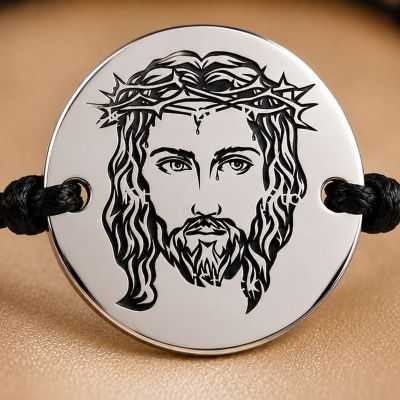Bratara Iisus Hristos cu Coroana de Spini - banut 16.5mm argint 925 si snur negru reglabil S0283