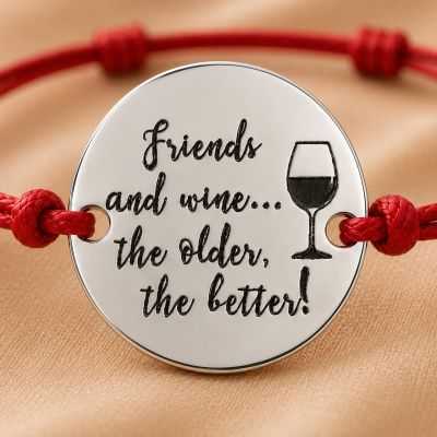 Bratara cu banut din Argint 925 Friends and Wine cu snur rosu - Cadou pentru Prieteni S1351