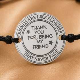 Bratara cu snur negru reglabil si banut din Argint 925 Friends Are Like Flowers 16.5 mm B-E0414