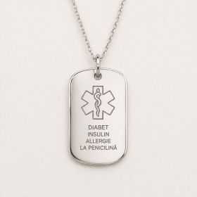 Plăcuță Medicală de Alertă din Argint 925 cu Lanț – Gravată Personalizat
