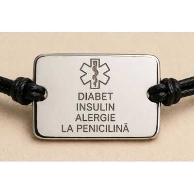 Brățară Medicală de Alertă cu Șnur Ajustabil – Plăcuță Mare, Gravură Multi-Linie