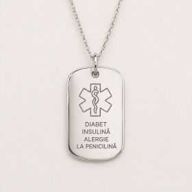Plăcuță Medicală de Alertă din Argint 925 cu Lanț – Gravată Personalizat S0290