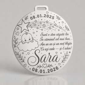 Bănuț de Moț din Argint 925 Personalizat cu Stea Căzătoare și Bebeluș pe Norișor, Poezie 22 mm S0302
