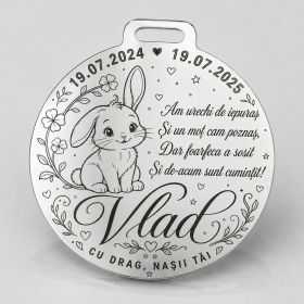 Bănuț de Moț din Argint 925 Personalizat cu Iepuraș și Poezie, Cadou de la Nași 22 mm S0304