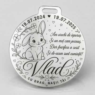 Bănuț de Moț din Argint 925 Personalizat cu Iepuraș și Poezie, Cadou de la Nași 22 mm S0304