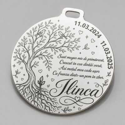 Bănuț de Moț din Argint 925 Personalizat cu Copacul Vieții și Păsărele, Poezie 22 mm S0306
