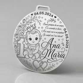 Bănuț de Moț din Argint 925 Personalizat pentru Fetiță, Prințesă cu Coroniță și Poezie 22 mm S0307