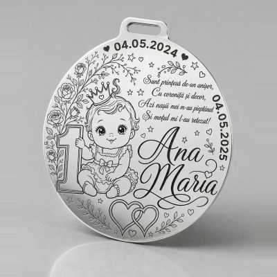 Bănuț de Moț din Argint 925 Personalizat pentru Fetiță, Prințesă cu Coroniță și Poezie 22 mm S0307