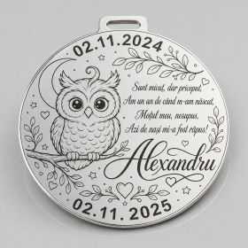 Bănuț de Moț din Argint 925 Personalizat cu Bufniță, Lună și Stele, Poezie 22 mm S0308