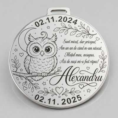 Bănuț de Moț din Argint 925 Personalizat cu Bufniță, Lună și Stele, Poezie 22 mm S0308