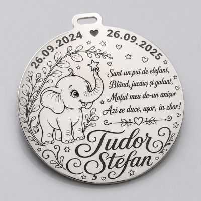 Bănuț de Moț din Argint 925 Personalizat cu Elefănțel și Poezie, Nume și Date 22 mm S0309