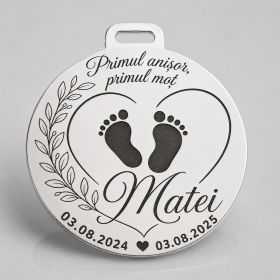 Bănuț de Moț din Argint 925 Personalizat Primul Anișor Primul Moț, Tălpițe Bebe, Nume și Date 22 mm S0292