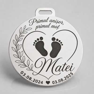 Bănuț de Moț din Argint 925 Personalizat Primul Anișor Primul Moț, Tălpițe Bebe, Nume și Date 22 mm S0292