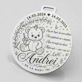Bănuț de Moț din Argint 925 Personalizat cu Ursuleț și Poezie, Cadou de la Nași 22 mm S0295