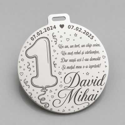 Bănuț de Moț din Argint 925 Personalizat cu Balon 1 Anișor și Poezie, Nume și Date 22 mm S0296