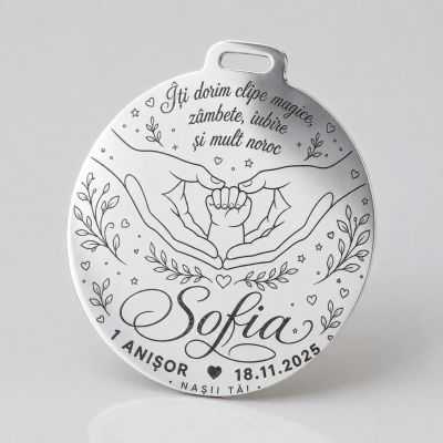 Bănuț de Moț din Argint 925 Personalizat Mâini Părinți și Bebeluș, 1 Anișor, Cadou de la Nași 22 mm S0298