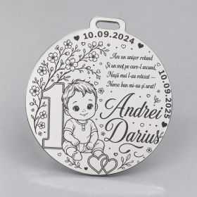 Bănuț de Moț din Argint 925 Personalizat pentru Băiat, 1 Anișor cu Poezie, Nume și Date 22 mm S0299