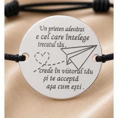 Bratara cu Snur Negru si Banut din Argint 925 Un Prieten Adevarat B-E1449