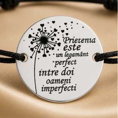 Bratara cu snur negru reglabil si banut din Argint 925 gravat Prietenia este un legamant B-E1467