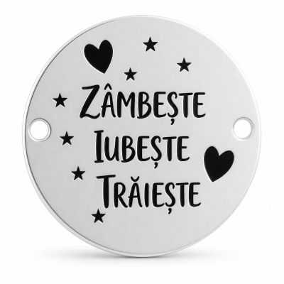 Pandantiv rotund argint 925 cu mesaj „Zâmbește, Iubește, Trăiește”, gravură laser 16.5mm E0381