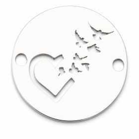Bănuț inimă cu păsări din argint 925, element brățară cu decupaj laser 12 mm E1147