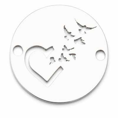 Bănuț inimă cu păsări din argint 925, element brățară cu decupaj laser 12 mm E1147