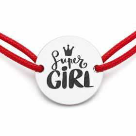 Brățară argint 925 cu bănuț Super Girl, șnur reglabil — cadou pentru fetiță sau prietenă B-E1851